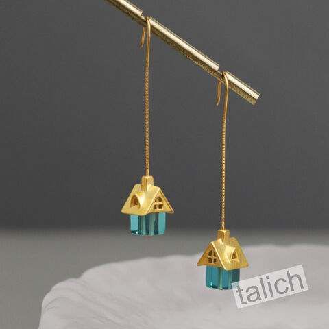 Gold,Plated,or,Sterling,Silver,Little,House,Long,Threader,Earrings,Gold Plated or Sterling Silver Little House Long Threader Earrings 