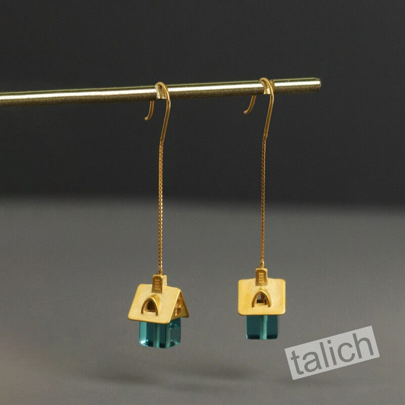 Gold Plated or Sterling Silver Little House Long Threader Earrings  - product image 