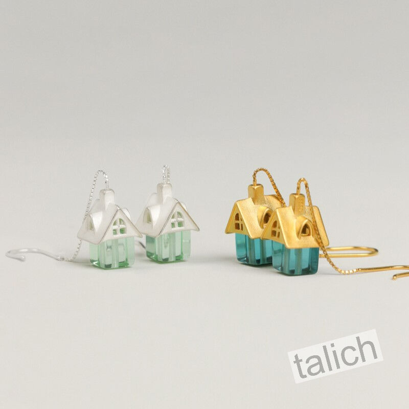 Gold Plated or Sterling Silver Little House Long Threader Earrings  - product image 