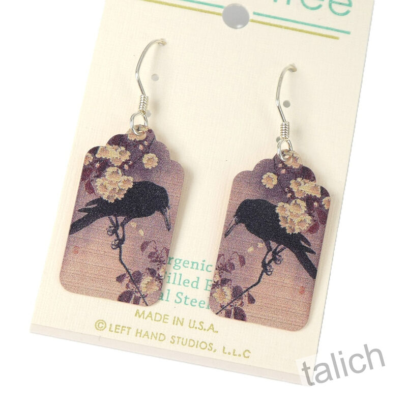 Lemon Tree - Etched Brass Earrings with Raven on Blossom Branch Print  - product image 