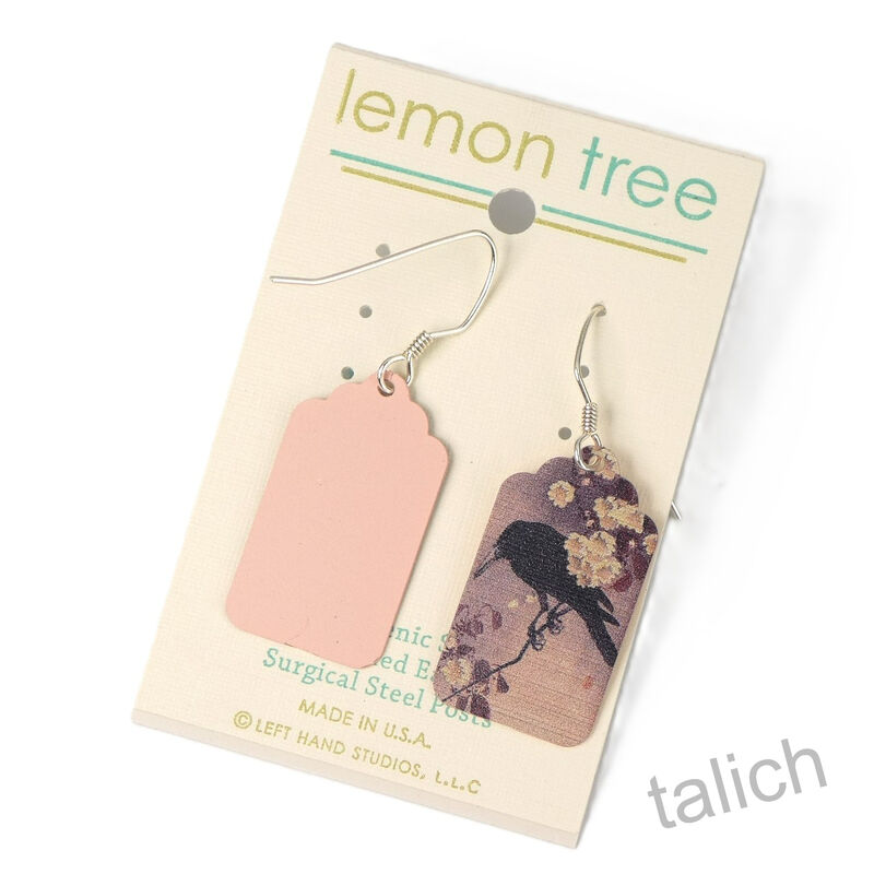 Lemon Tree - Etched Brass Earrings with Raven on Blossom Branch Print  - product image 