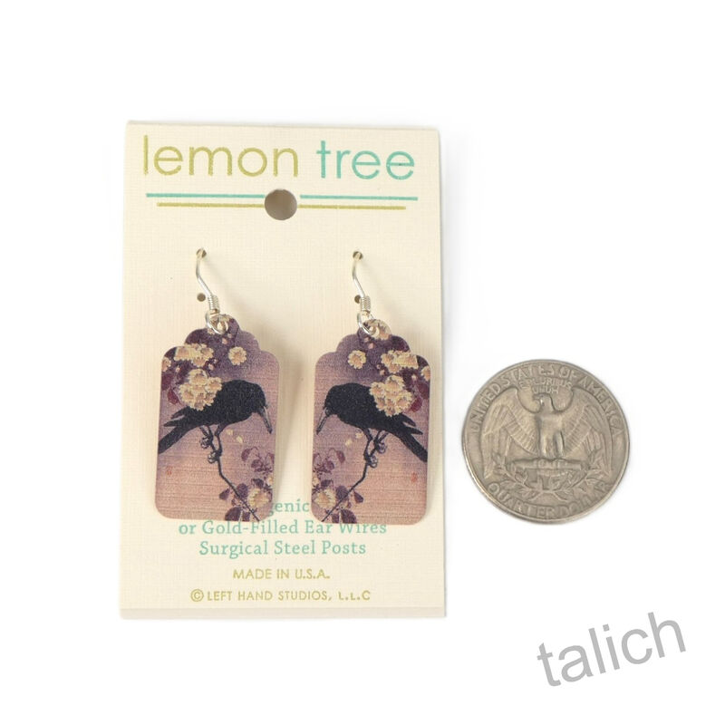 Lemon Tree - Etched Brass Earrings with Raven on Blossom Branch Print  - product image 