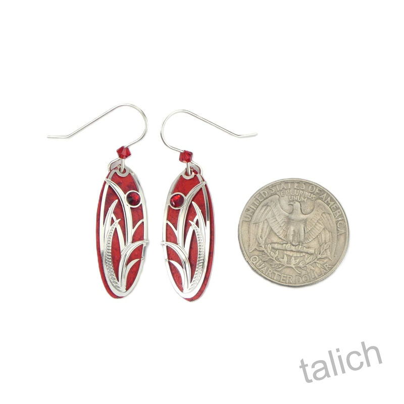 Adajio Earrings - True red oval with Shiny silver tone grasses overlay - product image 