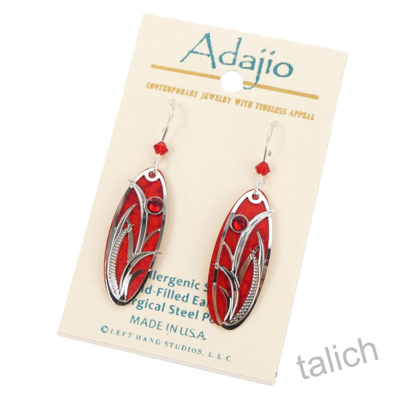 Adajio Earrings - True red oval with Shiny silver tone grasses overlay - product image 