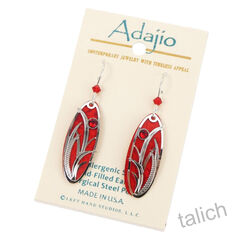 Adajio Earrings - True red oval with Shiny silver tone grasses overlay - product images 2 of 4