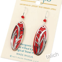Adajio Earrings - True red oval with Shiny silver tone grasses overlay - product images 3 of 4