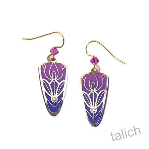 Adajio,Earrings,-,Pink,and,Blue,Trowel,Shape,with,Shiny,Gold,Plated,Tulip,Floral,Overlay,Adajio 7961, Adajio Earrings, Adajio earrings Sienna Sky, Etched Brass Earrings, Artisan Handmade