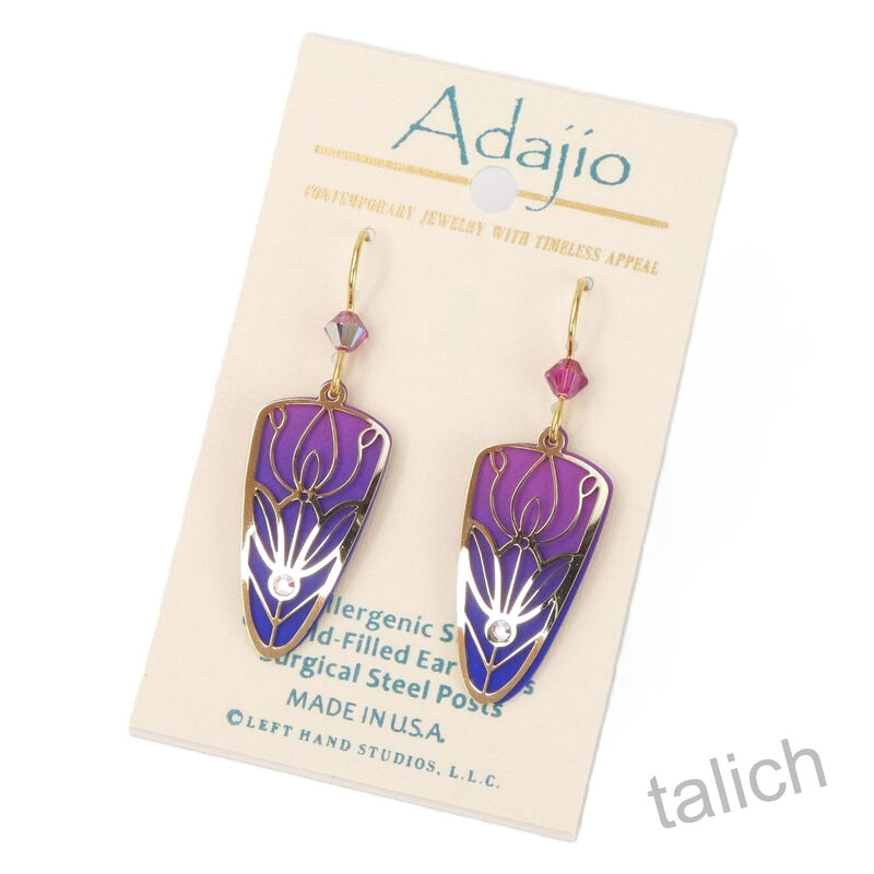 Adajio Earrings - Pink and Blue Trowel Shape with Shiny Gold Plated Tulip Floral Overlay - product image 