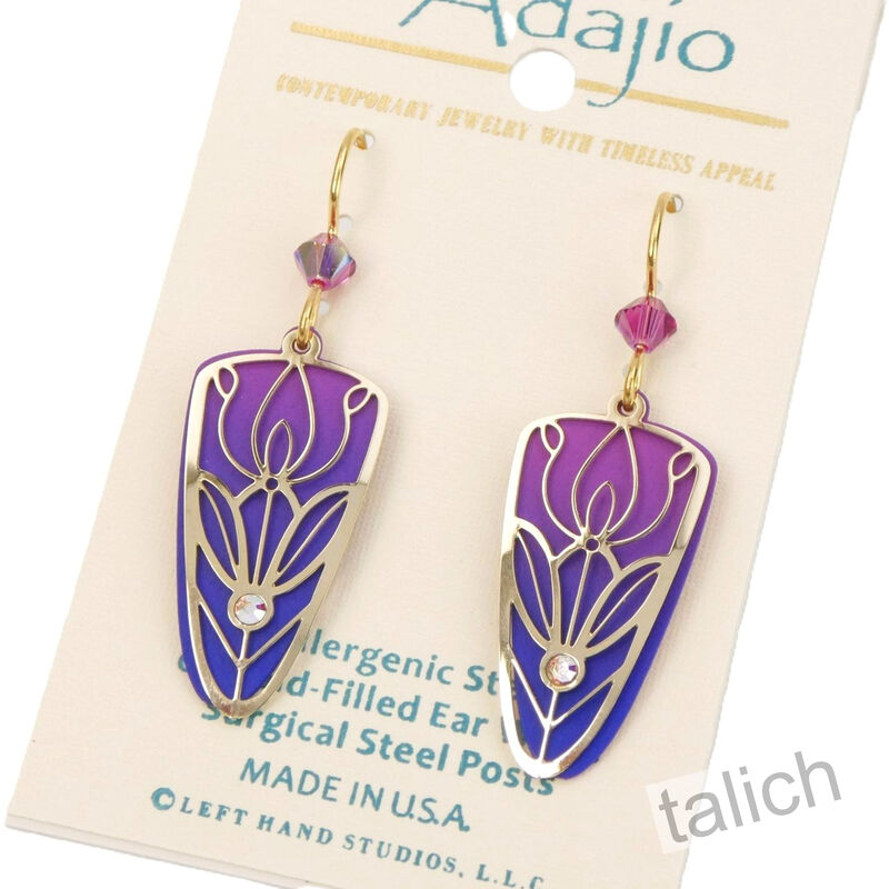 Adajio Earrings - Pink and Blue Trowel Shape with Shiny Gold Plated Tulip Floral Overlay - product image 