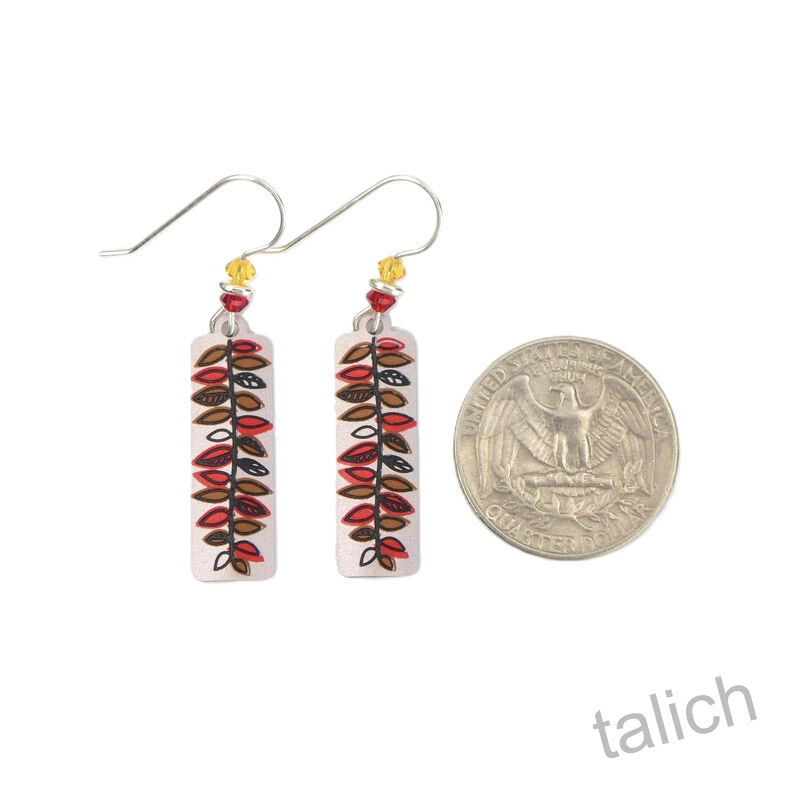 Adajio Earrings - Warm Silver Column with Red and Tan Fern Leaf - product image 
