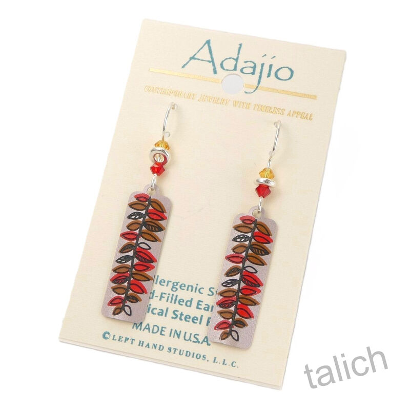 Adajio Earrings - Warm Silver Column with Red and Tan Fern Leaf - product image 