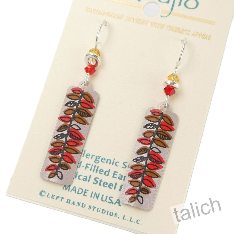 Adajio Earrings - Warm Silver Column with Red and Tan Fern Leaf - product image 
