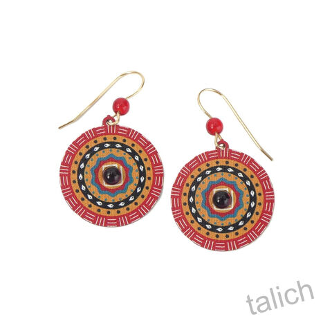 Adajio,Earrings,-,Multicolor,Tribal,Disc,with,Red,Bead,Adajio 8121, Adajio Earrings, Adajio earrings Sienna Sky, Etched Brass Earrings, Artisan Handmade
