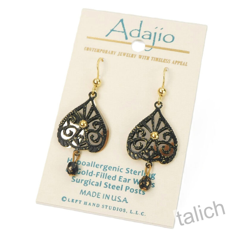 Adajio Earrings - Gold and Black Scroll Teardrop with Bead - product image 