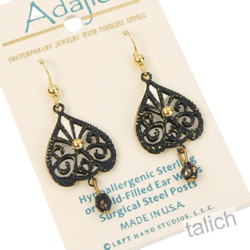 Adajio Earrings - Gold and Black Scroll Teardrop with Bead - product image 