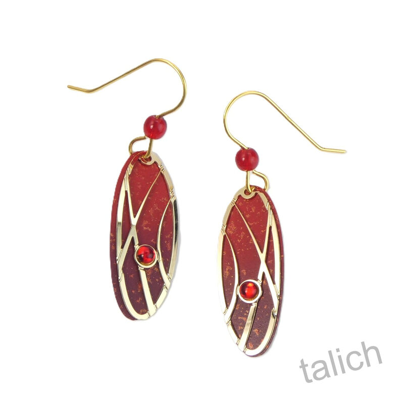 Adajio Earrings - Red Ombre Oval with Shiny Gold Abstract Filigree &amp; Bead - product image 