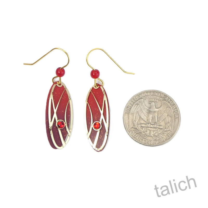 Adajio Earrings - Red Ombre Oval with Shiny Gold Abstract Filigree &amp; Bead - product image 