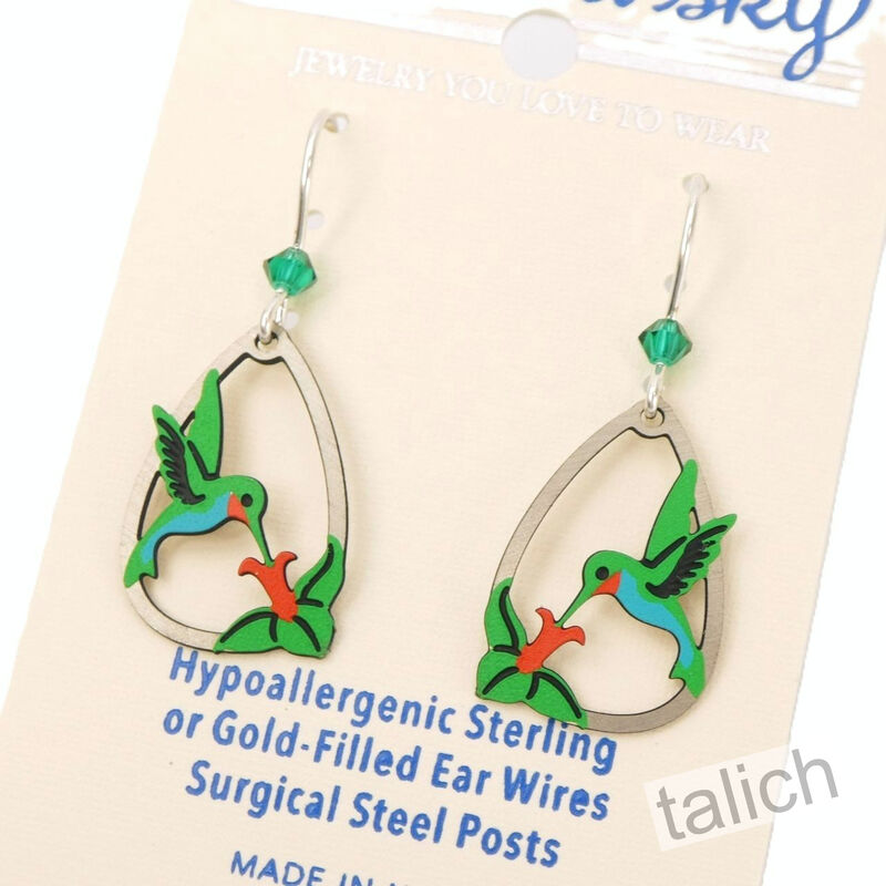 Sienna Sky Earrings - Fiery-Throated Hummingbird with Flower - product image 