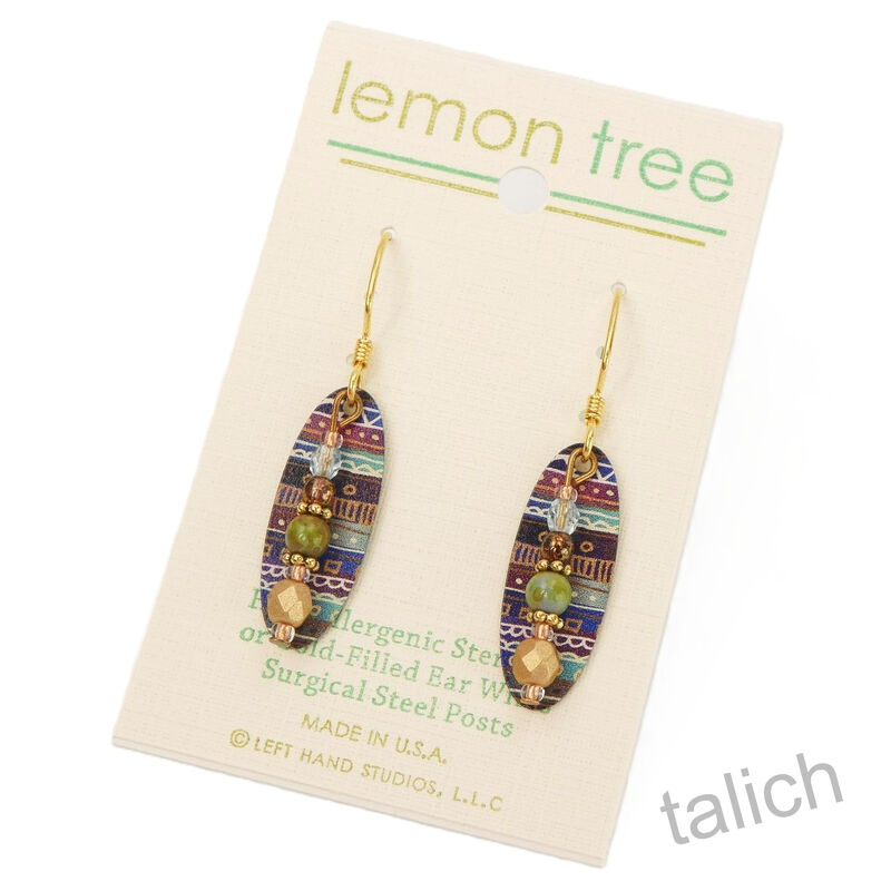 Lemon Tree Earrings - Tribal Print Oval with Bead Drop - product image 