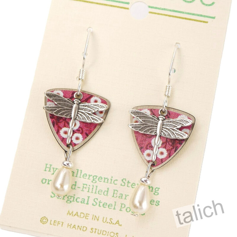 Lemon Tree - Dragonfly Charm Pink Floral Earrings with White Pearl Drop - product image 