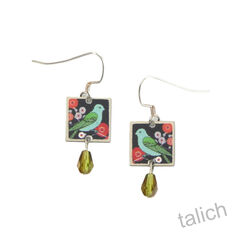 Lemon Tree - Green Bird on Blooming Branch Square Earrings with Bead - product images 1 of 4