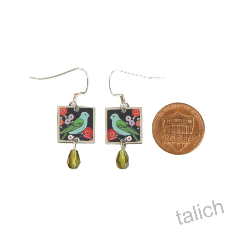 Lemon Tree - Green Bird on Blooming Branch Square Earrings with Bead - product image 