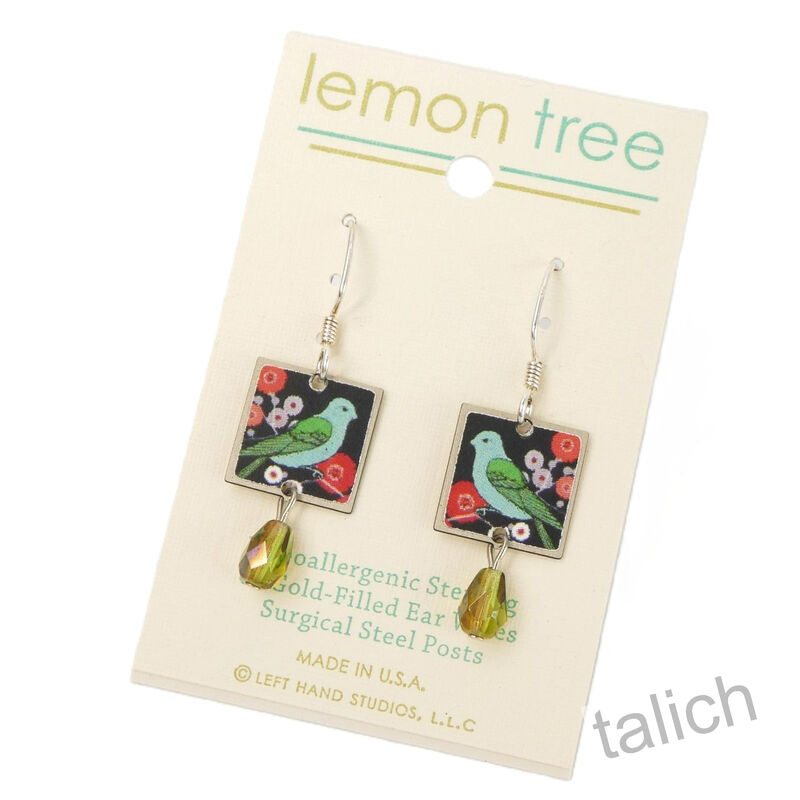 Lemon Tree - Green Bird on Blooming Branch Square Earrings with Bead - product image 