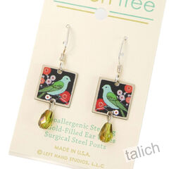 Lemon Tree - Green Bird on Blooming Branch Square Earrings with Bead - product images 3 of 4