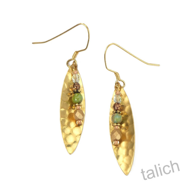 Lemon Tree - Hammered Brass Leaf Earrings with Bead Stack Drop - product image 