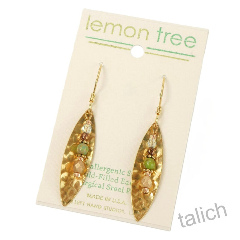 Lemon Tree - Hammered Brass Leaf Earrings with Bead Stack Drop - product image 