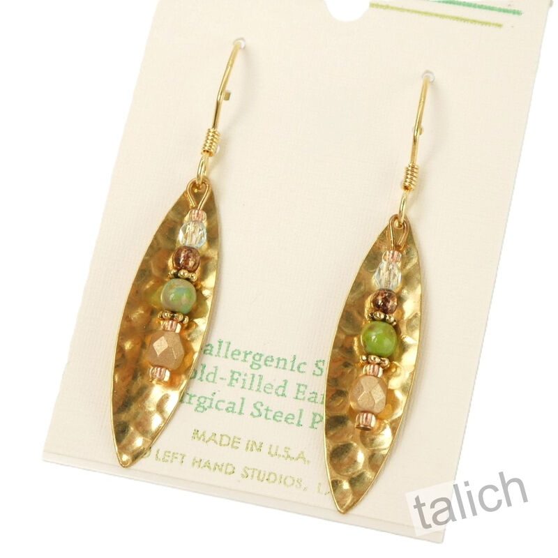 Lemon Tree - Hammered Brass Leaf Earrings with Bead Stack Drop - product image 