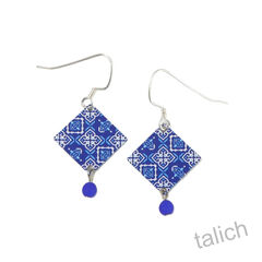 Lemon Tree - Blue and White Moroccan Tile Drop Earrings with Bead - product images 1 of 4