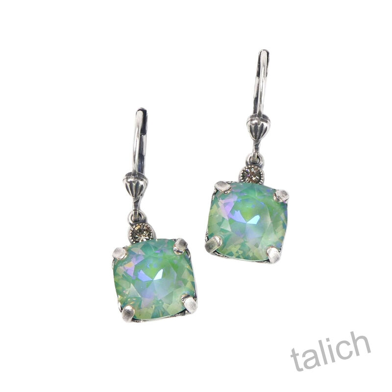Catherine Popesco Antique Silver Square Swarovski Crystals Drop Earrings in Sage - product image 
