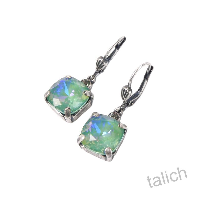 Catherine Popesco Antique Silver Square Swarovski Crystals Drop Earrings in Sage - product image 