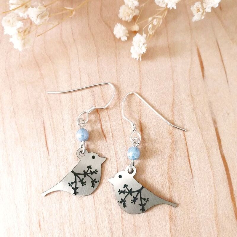 Lemon Tree Earrings - Brushed Silver Bird with Etched Branch - product image 