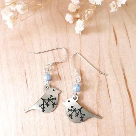 Lemon,Tree,Earrings,-,Brushed,Silver,Bird,with,Etched,Branch,Lemon Tree Earrings Colorado, Lemon Tree Earrings Brushed Silver Bird with Etched Branch Print