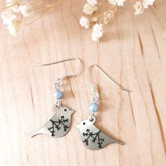 Lemon Tree Earrings - Brushed Silver Bird with Etched Branch - product images 1 of 5