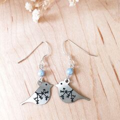 Lemon Tree Earrings - Brushed Silver Bird with Etched Branch - product images 2 of 5