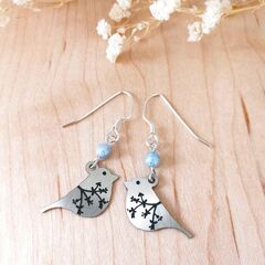 Lemon Tree Earrings - Brushed Silver Bird with Etched Branch - product images 3 of 5