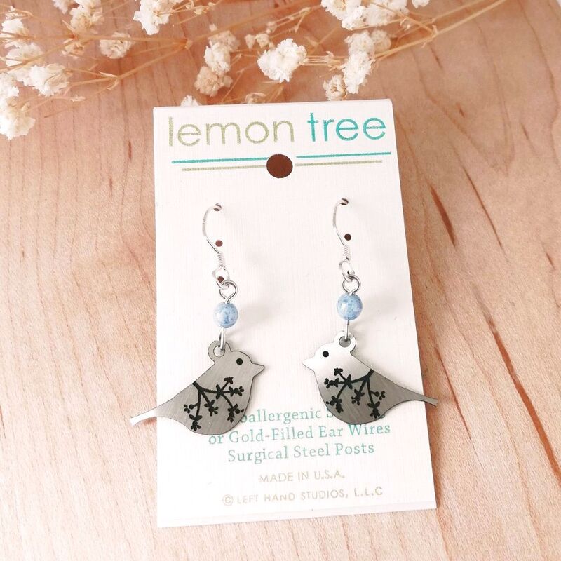 Lemon Tree Earrings - Brushed Silver Bird with Etched Branch - product image 
