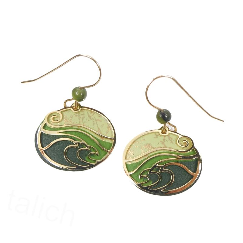 Adajio Earrings - Moss Green Oval with Shiny Gold Plated 'Waves' Overlay - product image 