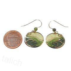 Adajio Earrings - Moss Green Oval with Shiny Gold Plated 'Waves' Overlay - product images 4 of 4