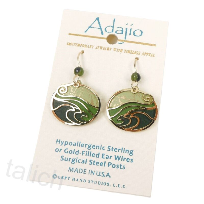 Adajio Earrings - Moss Green Oval with Shiny Gold Plated 'Waves' Overlay - product image 