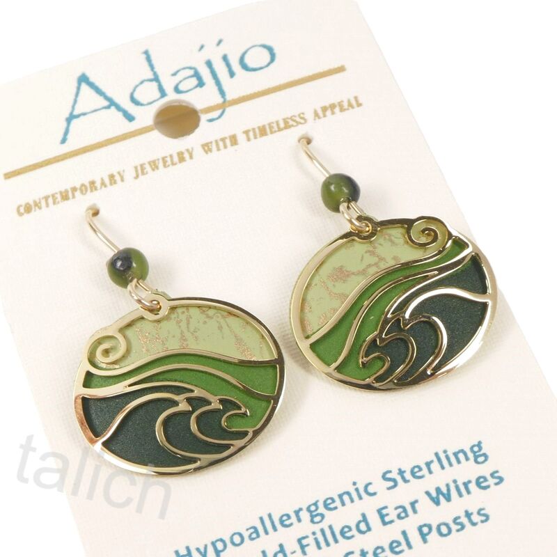 Adajio Earrings - Moss Green Oval with Shiny Gold Plated 'Waves' Overlay - product image 