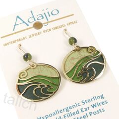 Adajio Earrings - Moss Green Oval with Shiny Gold Plated 'Waves' Overlay - product images 3 of 4