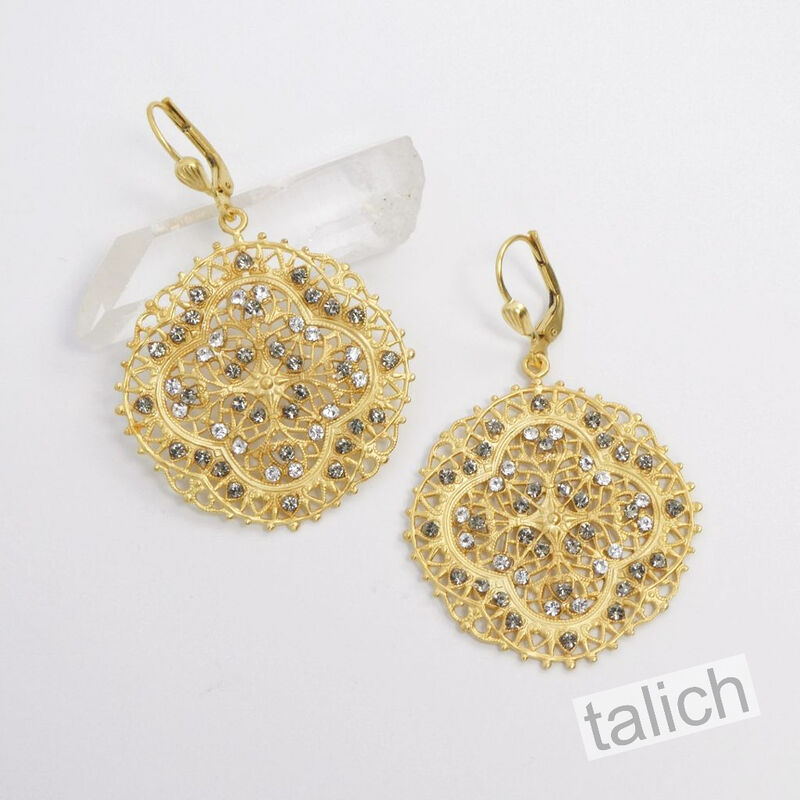 Catherine Popesco Gold Lace Filigree Earrings with Crystals in Clear and Black Diamond - product image 
