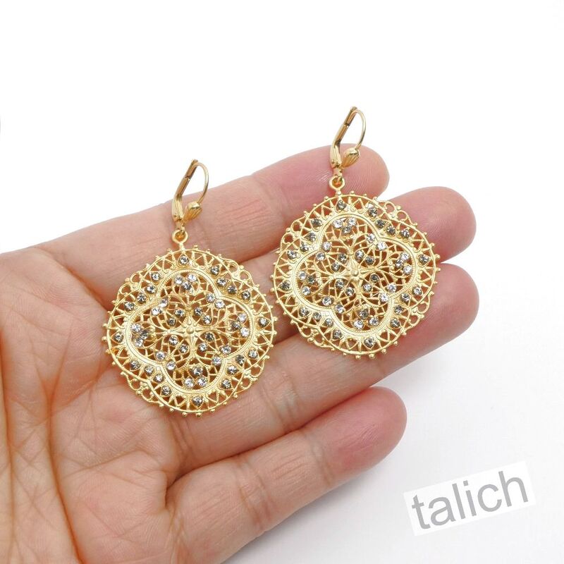 Catherine Popesco Gold Lace Filigree Earrings with Crystals in Clear and Black Diamond - product image 