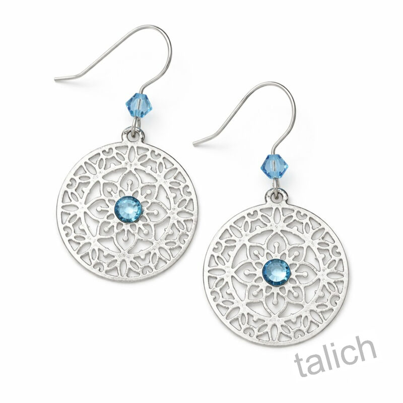 Adajio Earrings - Shiny Silver Mandala with Blue Beads - product image 