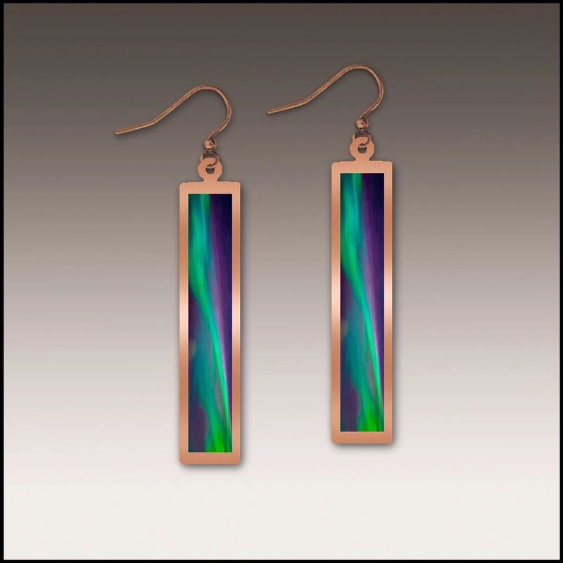 DC Designs - Green Northern Lights Art Print Copper Frame Linear Long Column Earrings - product image 