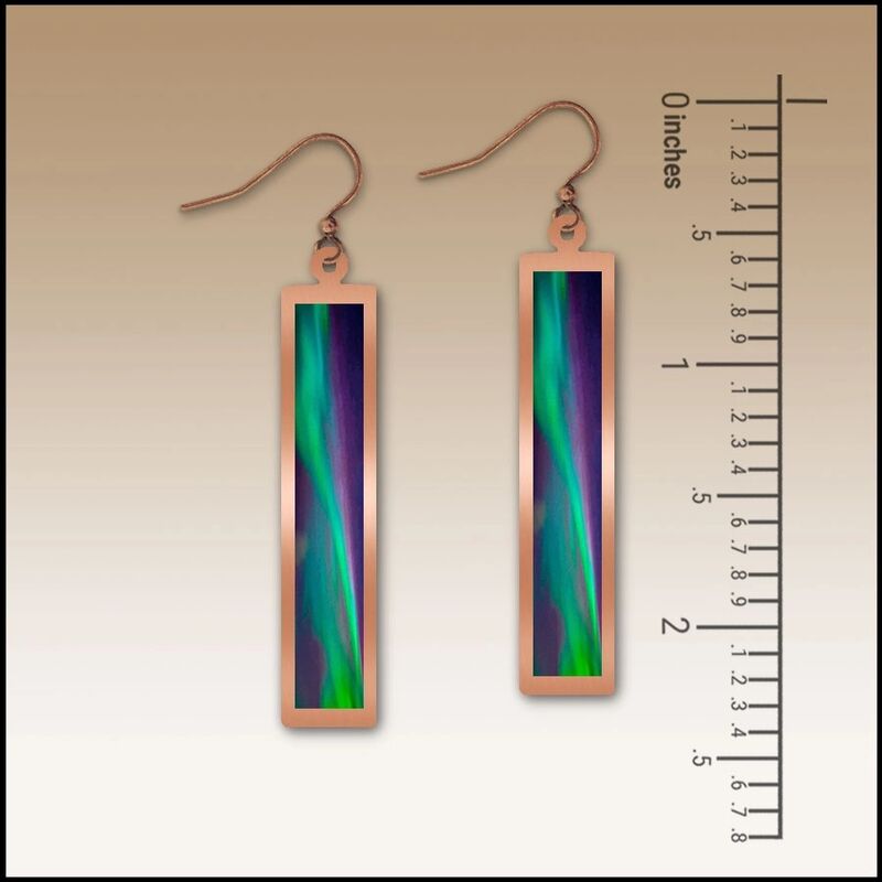 DC Designs - Green Northern Lights Art Print Copper Frame Linear Long Column Earrings - product image 